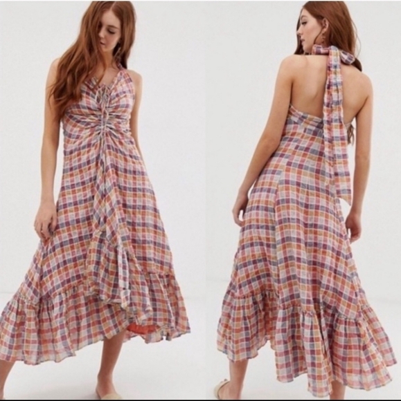 Free People Rainbow Dreams Sz 4 Halter Top Maxi Dress High Low Colorful Plaid